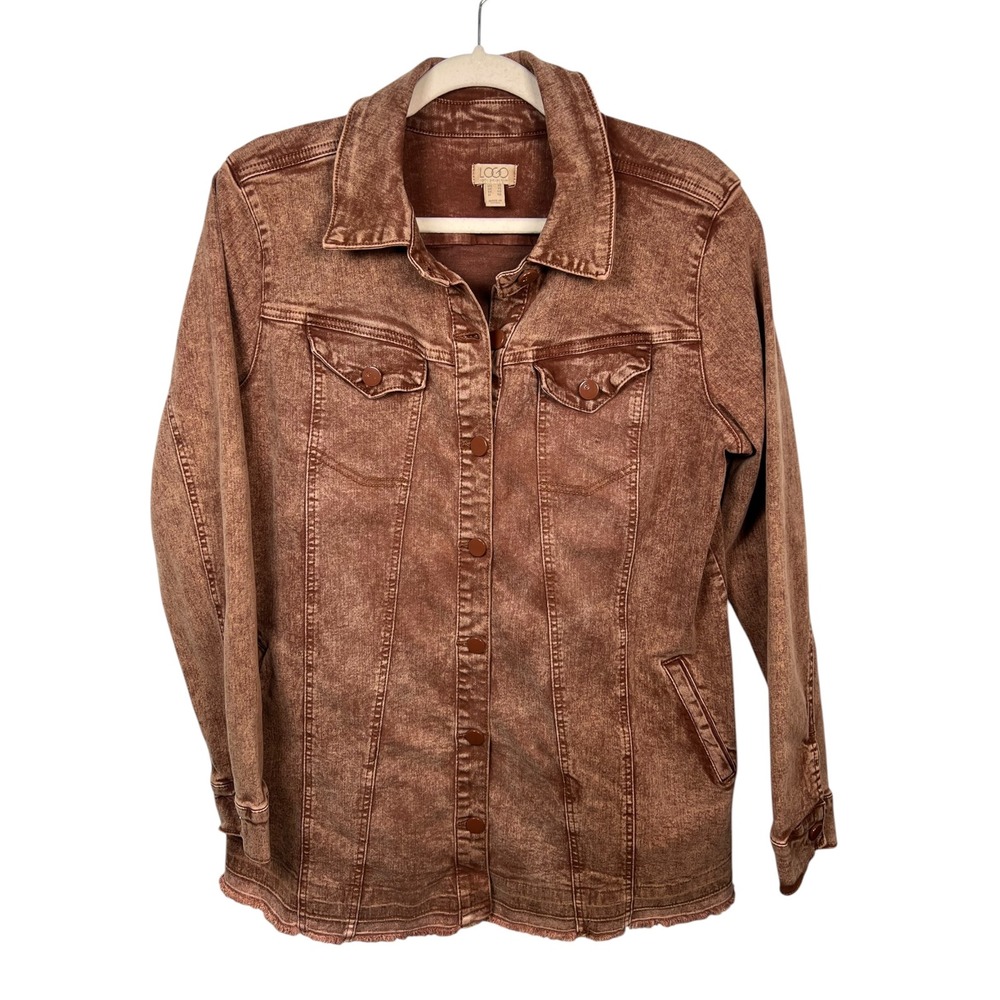 LOGO Lori Goldstein Cotton Jacket Earth Brown Frayed Hem Boho Fall Denim M 10